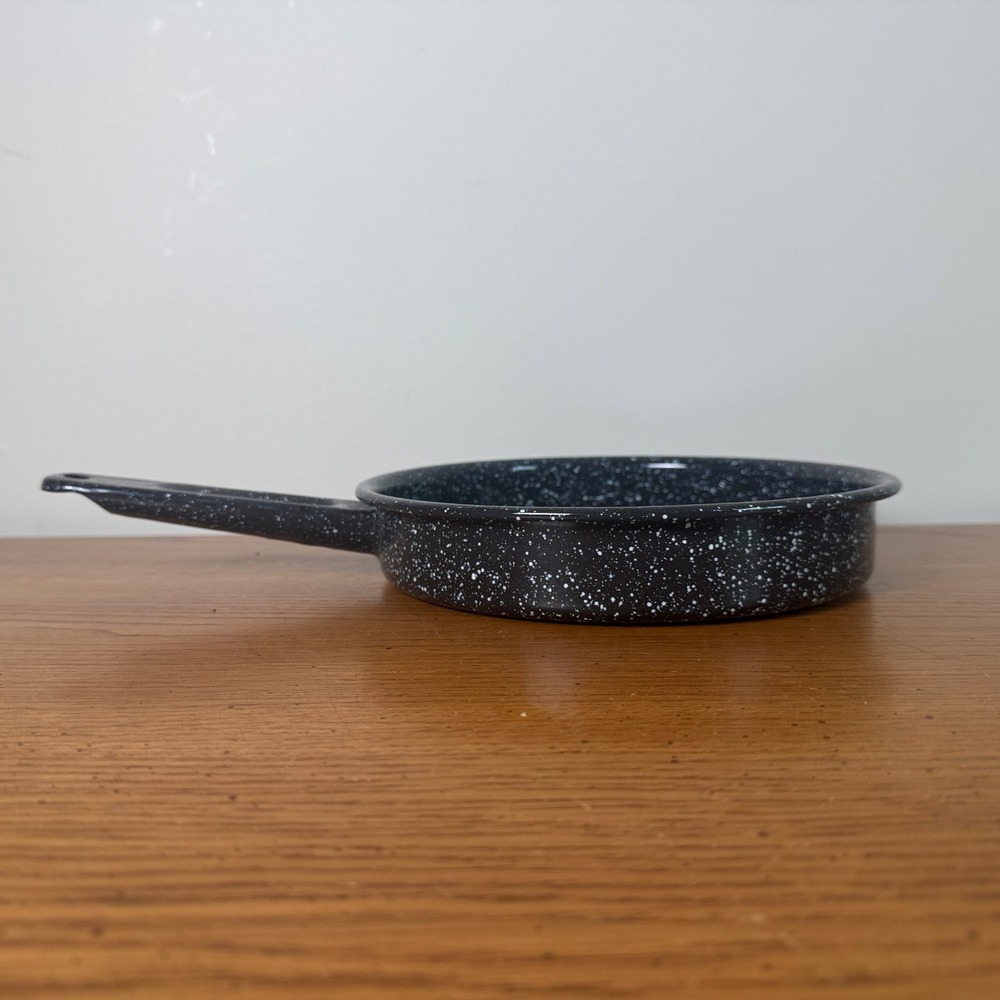 Vintage Black Speckled Enamelware Frying Pan Graniteware Skillet